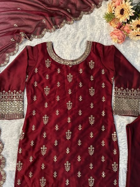 Designer Maroon Party Wear Straight Suit with Rangoli Silk Fabric   Embroidery Sequins Work Ready To Wear  Straight Cut Long Kurtis
