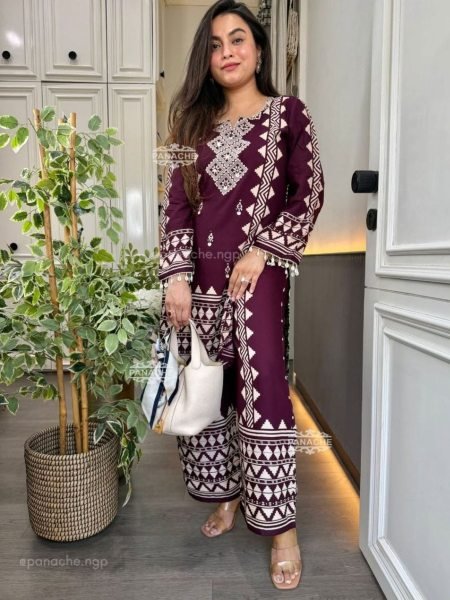 Designer Maroon Printed Kurta Palazzo Set with Lace Sleeves for Women s Casual Wear  Kurtis
