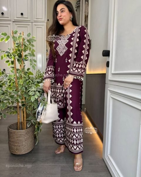 Designer Maroon Printed Kurta Palazzo Set with Lace Sleeves for Women s Casual Wear  CO ORD Sets