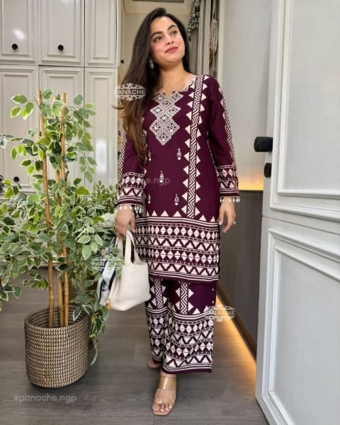 Designer Maroon Printed Kurta Palazzo Set with Lace Sleeves for Women s Casual Wear  CO ORD Sets