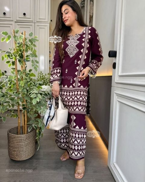 Designer Maroon Printed Kurta Palazzo Set with Lace Sleeves for Women s Casual Wear  CO ORD Sets