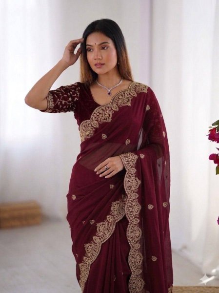 Designer Maroon Saree with All Over Embroidery Work For Weddings  Embroidery Sarees Wholesale