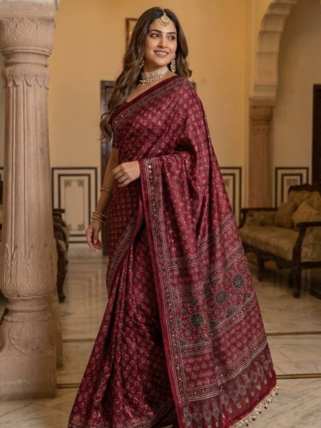 Designer Maroon Satin Ajrakh Print Saree with Mirror Work for Festive Wear Sarees 