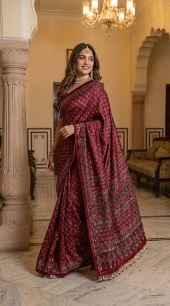 Magnetic Maroon Satin Ajrakh Print Saree with Mirror Work for Festive Wear Printed Cotton Sarees Wholesale