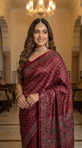 Magnetic Maroon Satin Ajrakh Print Saree with Mirror Work for Festive Wear Printed Cotton Sarees Wholesale