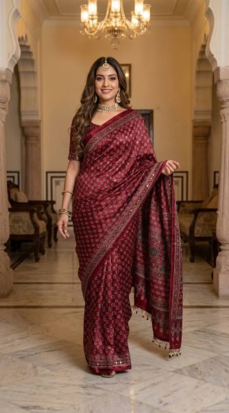 Magnetic Maroon Satin Ajrakh Print Saree with Mirror Work for Festive Wear Printed Cotton Sarees Wholesale