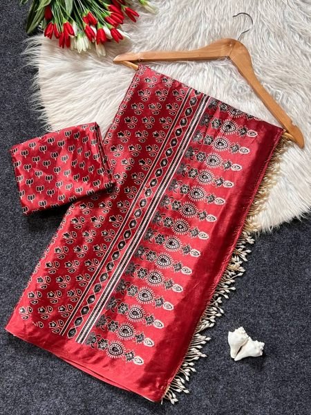 Magnetic Maroon Satin Ajrakh Print Saree with Mirror Work for Festive Wear Printed Cotton Sarees Wholesale