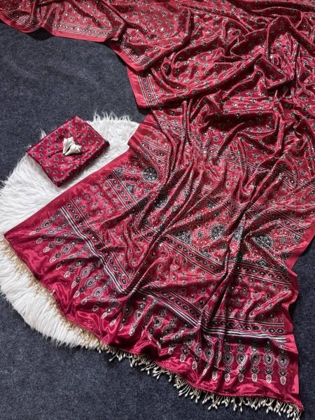 Magnetic Maroon Satin Ajrakh Print Saree with Mirror Work for Festive Wear Printed Cotton Sarees Wholesale