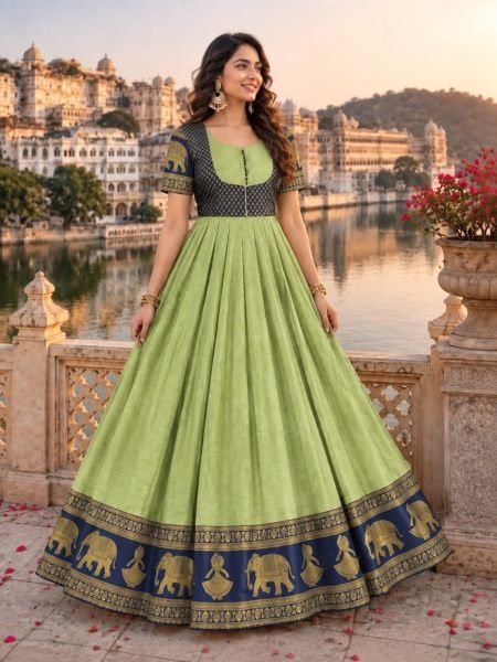 Designer Mint Green Jacket Style Chettinad Cotton Anarkali Gown for Women 