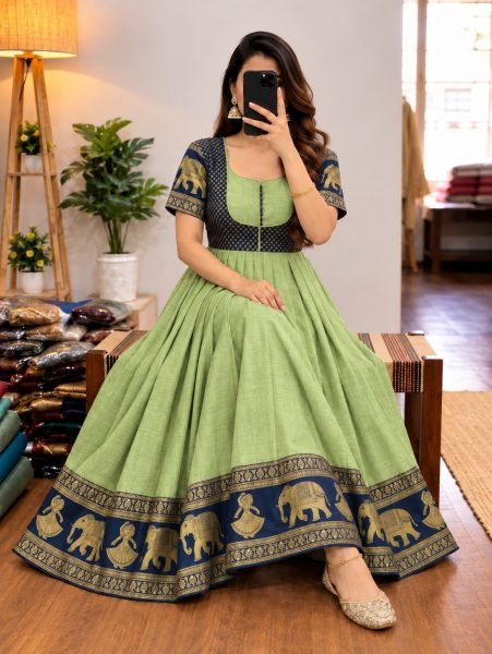 Designer Mint Green Jacket Style Chettinad Cotton Anarkali Gown for Women Anarkali Kurtis 