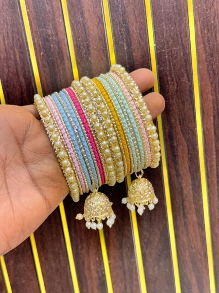 Designer Multi Color Pastel Bangles Combo with Traditional Jhumka Sarees 