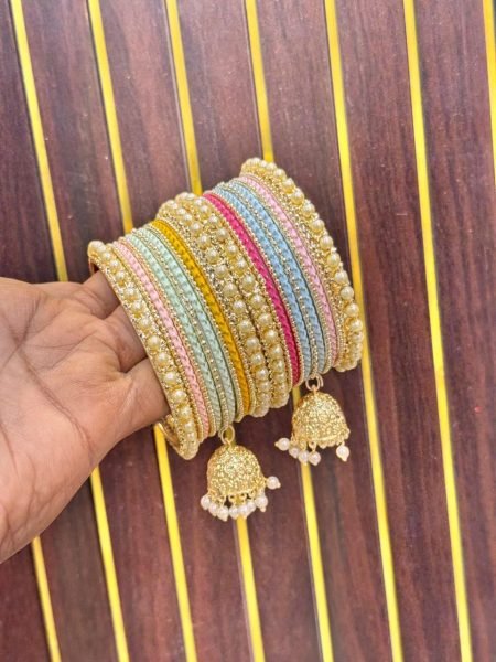 Designer Multi Color Pastel Bangles Combo with Traditional Jhumka Fashion Accessories Wholesale