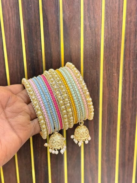 Designer Multi Color Pastel Bangles Combo with Traditional Jhumka Fashion Accessories Wholesale