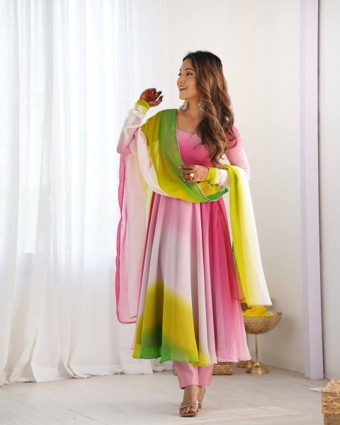 Designer Multi Pink Georgette Anarkali Kurti Set for Wedding Functions Anarkali Kurtis 