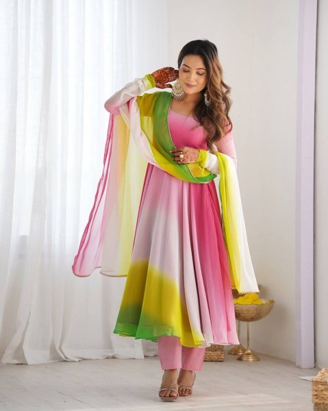 Designer Multi Pink Georgette Anarkali Kurti Set for Wedding Functions Anarkali Kurtis 
