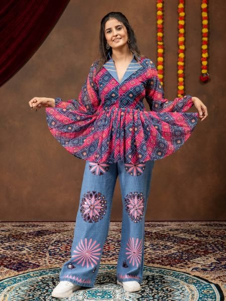 Designer Navratri Denim Kediya with Printed Faux Georgette and Embroidered Jeans Kurtis