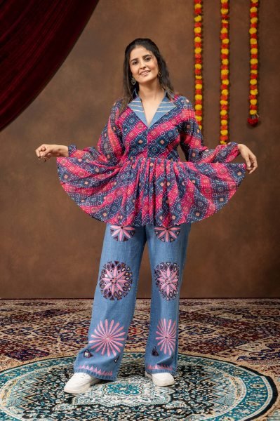 Designer Navratri Denim Kediya with Printed Faux Georgette and Embroidered Jeans Tunics kurti
