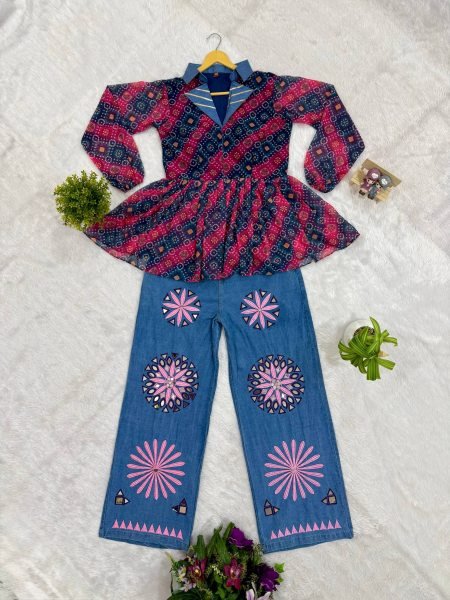 Designer Navratri Denim Kediya with Printed Faux Georgette and Embroidered Jeans Tunics kurti