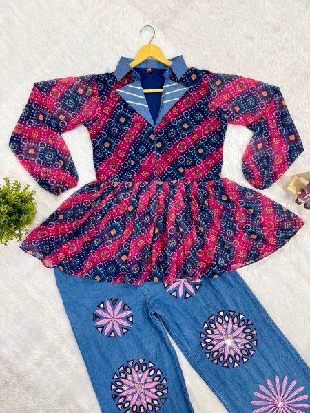 Designer Navratri Denim Kediya with Printed Faux Georgette and Embroidered Jeans Tunics kurti