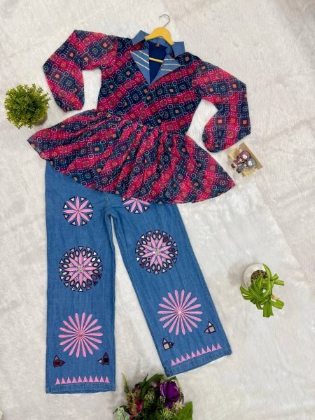 Designer Navratri Denim Kediya with Printed Faux Georgette and Embroidered Jeans Tunics kurti