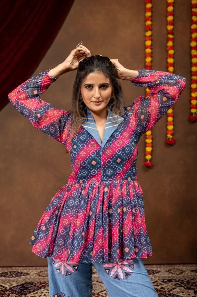 Designer Navratri Denim Kediya with Printed Faux Georgette and Embroidered Jeans Tunics kurti