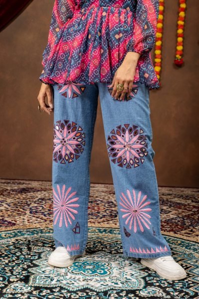 Designer Navratri Denim Kediya with Printed Faux Georgette and Embroidered Jeans Tunics kurti