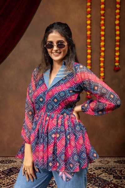 Designer Navratri Denim Kediya with Printed Faux Georgette and Embroidered Jeans Tunics kurti
