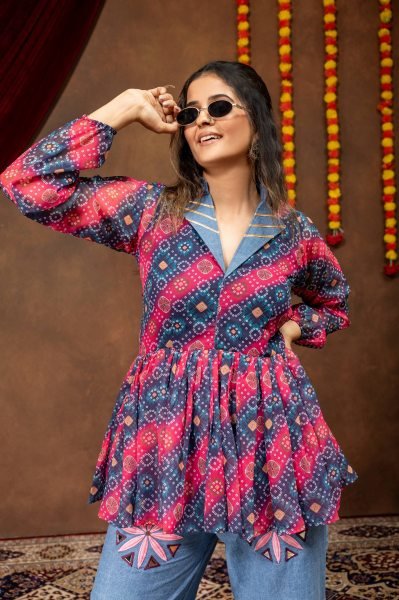 Designer Navratri Denim Kediya with Printed Faux Georgette and Embroidered Jeans Tunics kurti