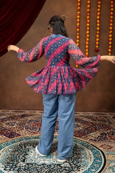 Designer Navratri Denim Kediya with Printed Faux Georgette and Embroidered Jeans Tunics kurti