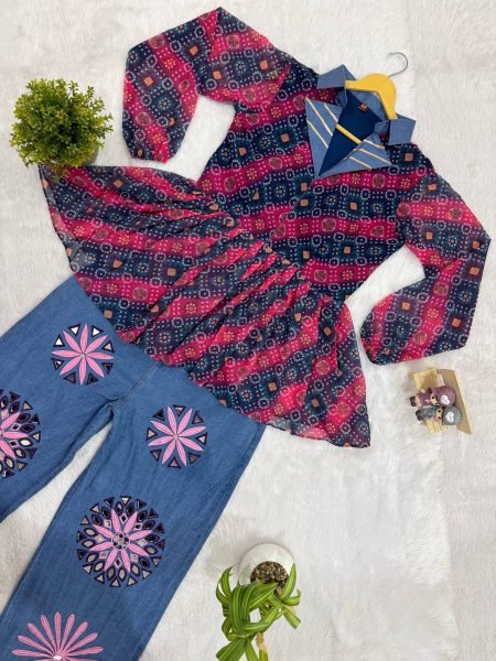 Designer Navratri Denim Kediya with Printed Faux Georgette and Embroidered Jeans Tunics kurti