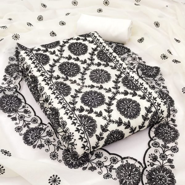 Designer Off WhiteSoft Georgette Suit Set with Fine Thread Work Detailing Color Set Matching Dress Material Wholesale