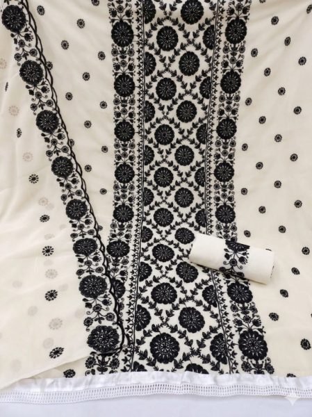 Designer Off WhiteSoft Georgette Suit Set with Fine Thread Work Detailing Color Set Matching Dress Material Wholesale