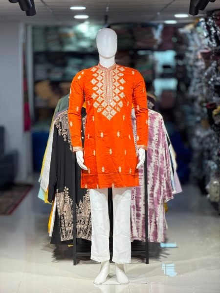 Designer Orange Men   s Embroidery Kurta Pajama Set with Neck Work and Cap At Factory Price 
