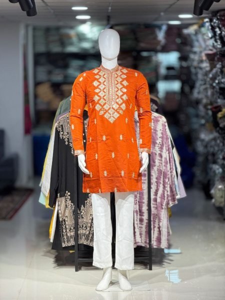 Designer Orange Men   s Embroidery Kurta Pajama Set with Neck Work and Cap At Factory Price Mens Short Kurta