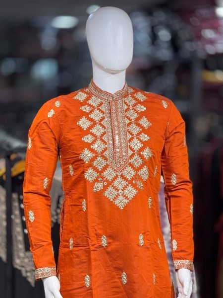 Designer Orange Men   s Embroidery Kurta Pajama Set with Neck Work and Cap At Factory Price Mens Short Kurta