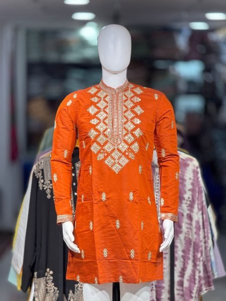 Designer Orange Men   s Embroidery Kurta Pajama Set with Neck Work and Cap At Factory Price Mens Short Kurta