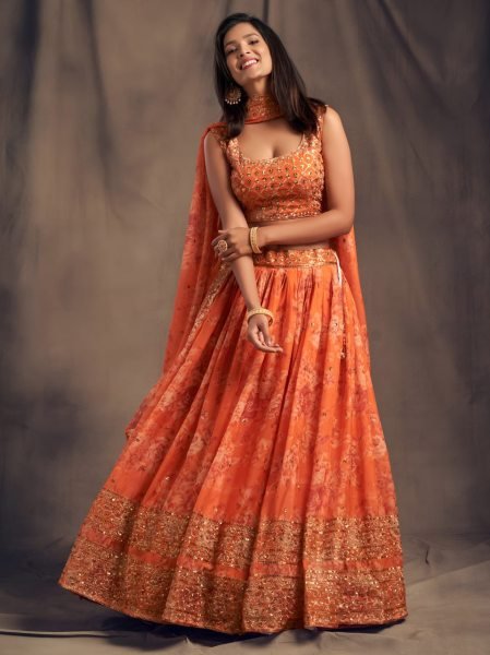 Designer Orange Organza Lehenga Choli with Embroidered Dupatta for Festive Wear Designer Lehenga Choli