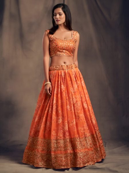 Designer Orange Organza Lehenga Choli with Embroidered Dupatta for Festive Wear Designer Lehenga Choli