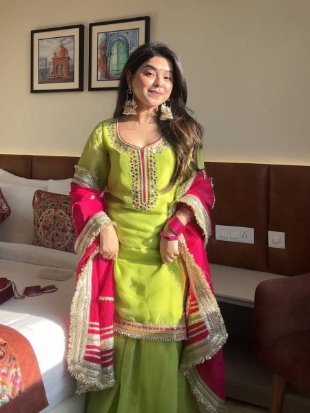Designer Parrot Green  Sharara Suit with Sequins And Palazzo Embroidered Work  Ready To Wear Suit