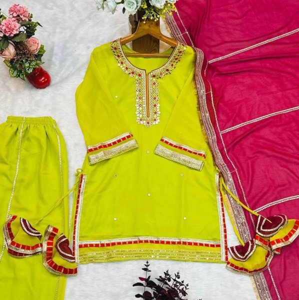 Designer Parrot Green  Sharara Suit with Sequins And Palazzo Embroidered Work  Ready To Wear Collection