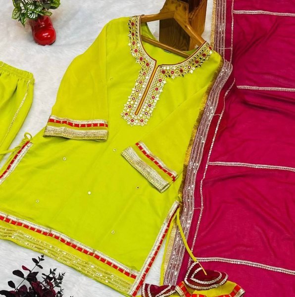 Designer Parrot Green  Sharara Suit with Sequins And Palazzo Embroidered Work  Ready To Wear Collection