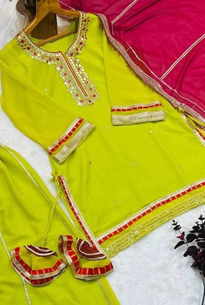 Designer Parrot Green  Sharara Suit with Sequins And Palazzo Embroidered Work  Ready To Wear Collection
