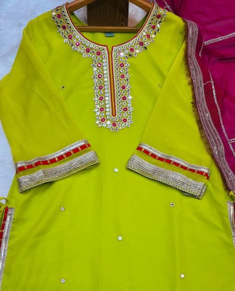 Designer Parrot Green  Sharara Suit with Sequins And Palazzo Embroidered Work  Ready To Wear Collection