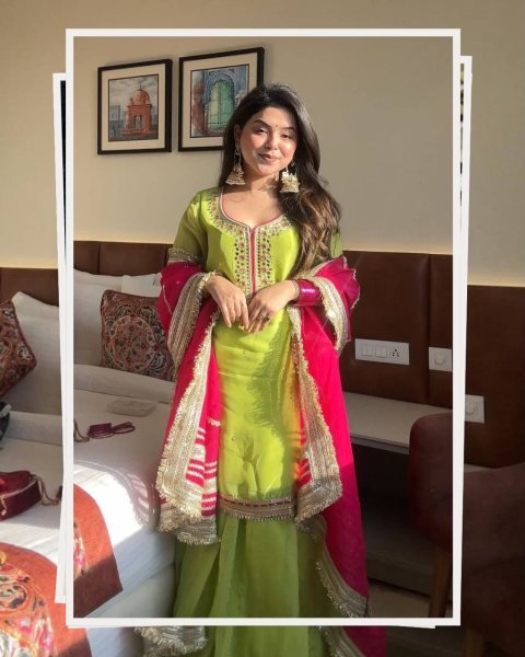 Designer Parrot Green  Sharara Suit with Sequins And Palazzo Embroidered Work  Ready To Wear Collection