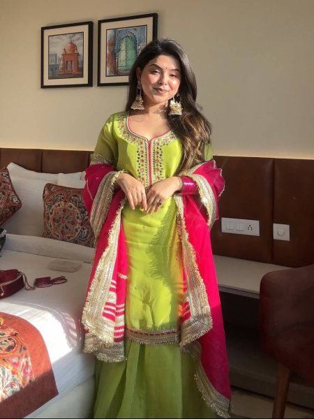 Designer Parrot Green  Sharara Suit with Sequins And Palazzo Embroidered Work  Ready To Wear Collection