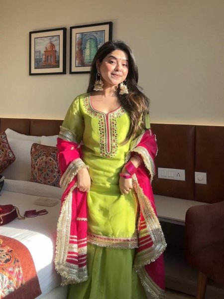 Designer Parrot Green  Sharara Suit with Sequins And Palazzo Embroidered Work  Ready To Wear Collection