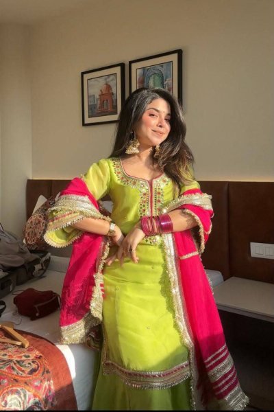 Designer Parrot Green  Sharara Suit with Sequins And Palazzo Embroidered Work  Ready To Wear Collection