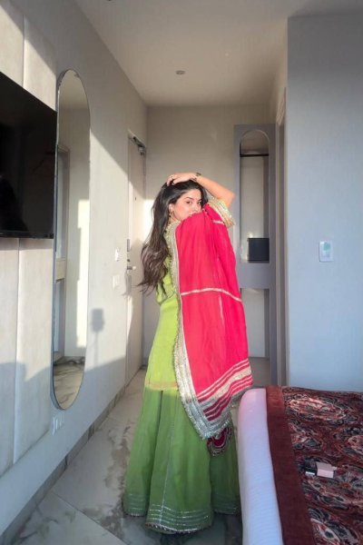 Designer Parrot Green  Sharara Suit with Sequins And Palazzo Embroidered Work  Ready To Wear Collection