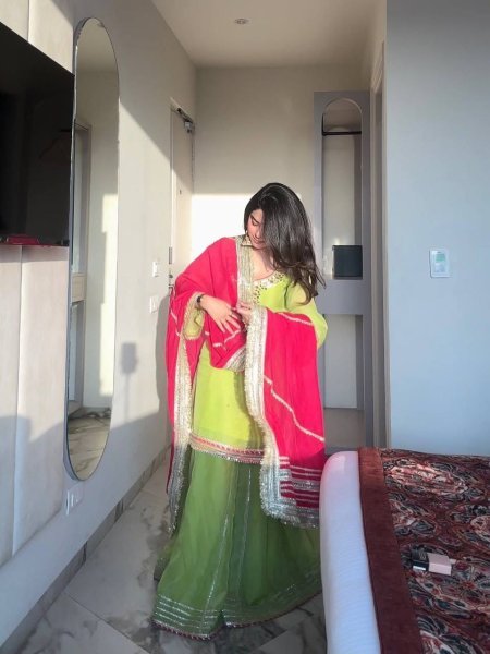 Designer Parrot Green  Sharara Suit with Sequins And Palazzo Embroidered Work  Ready To Wear Collection