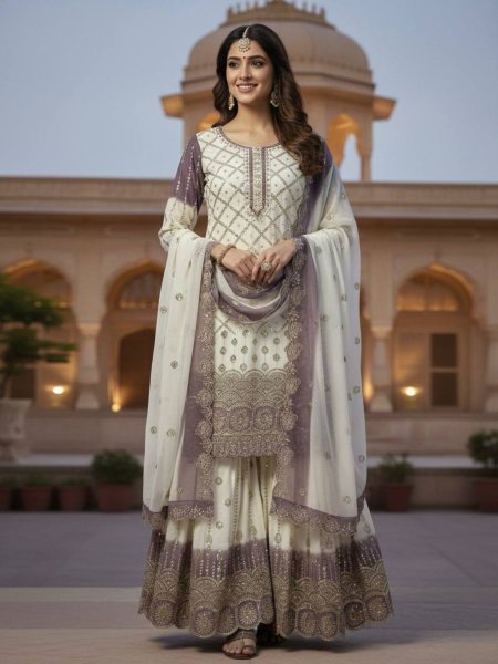 Designer Party Wear Dual Tone Georgette Top Palazzo Dupatta Set for Women 